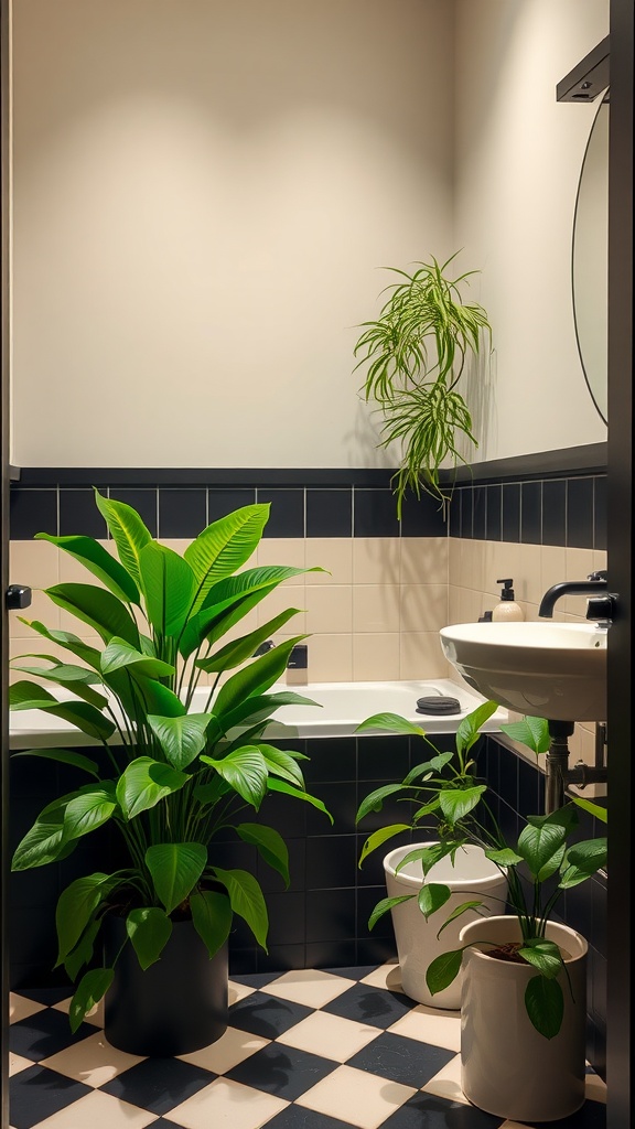 A black and cream bathroom featuring lush green plants, highlighting the contrast of colors.