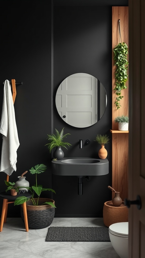 A black and tan bathroom featuring a dark wall, wooden shelves, various plants, and modern fixtures.