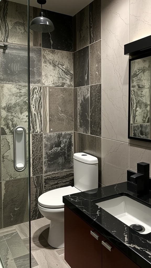 A modern bathroom featuring a black countertop, textured wall tiles, and sleek fixtures.