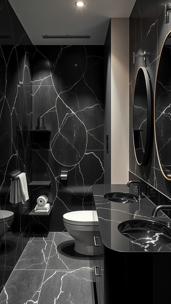 A modern bathroom featuring black countertops with elegant veining, round mirrors, and stylish decor.