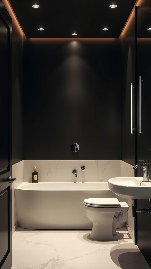 A modern black and cream bathroom with recessed lighting and elegant fixtures.