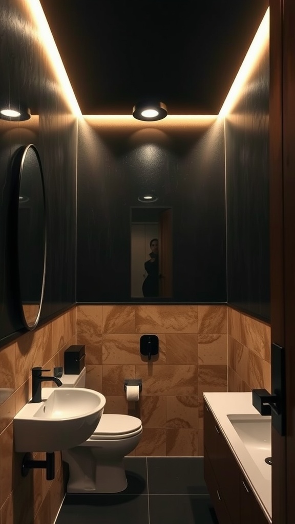 A modern black and tan bathroom featuring stylish lighting and elegant fixtures.