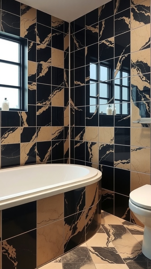 A bathroom featuring black and cream tiles with a modern design