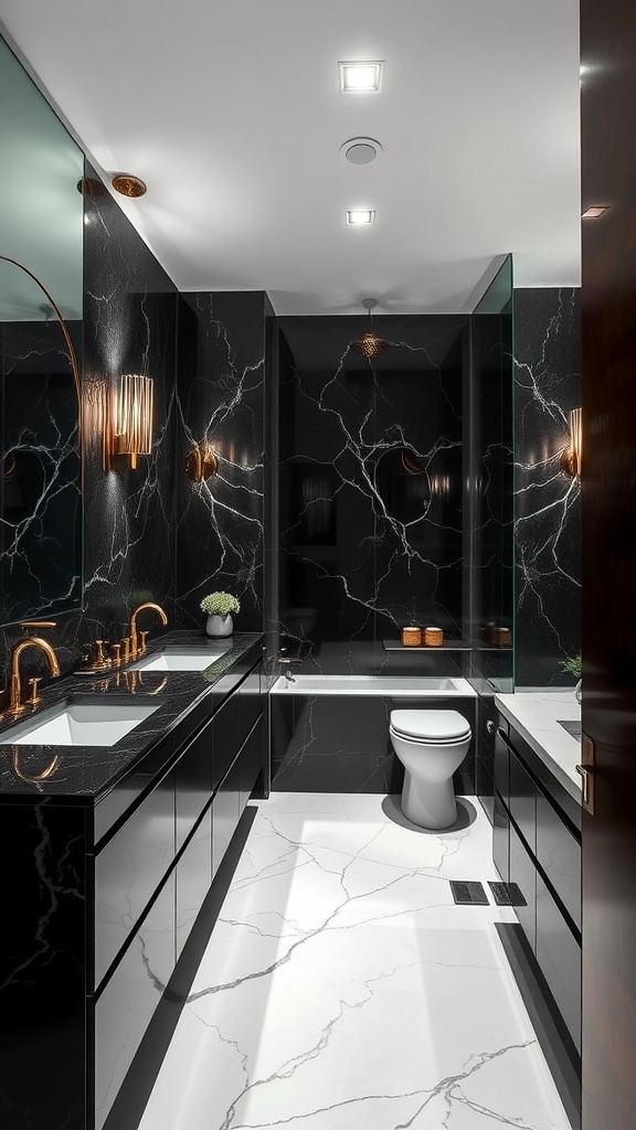 A luxury bathroom with sleek black countertops, marble walls, and gold fixtures