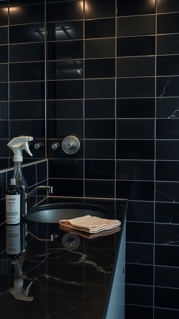 A modern bathroom with a black countertop, showcasing a cleaning spray and cloth on the surface.