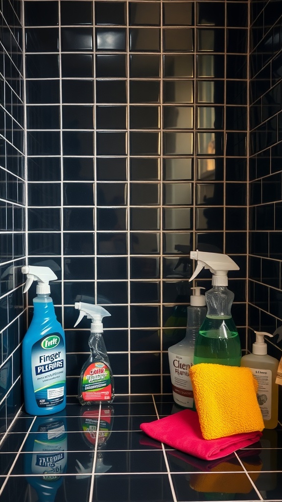 Cleaning supplies next to black tiled bathroom wall