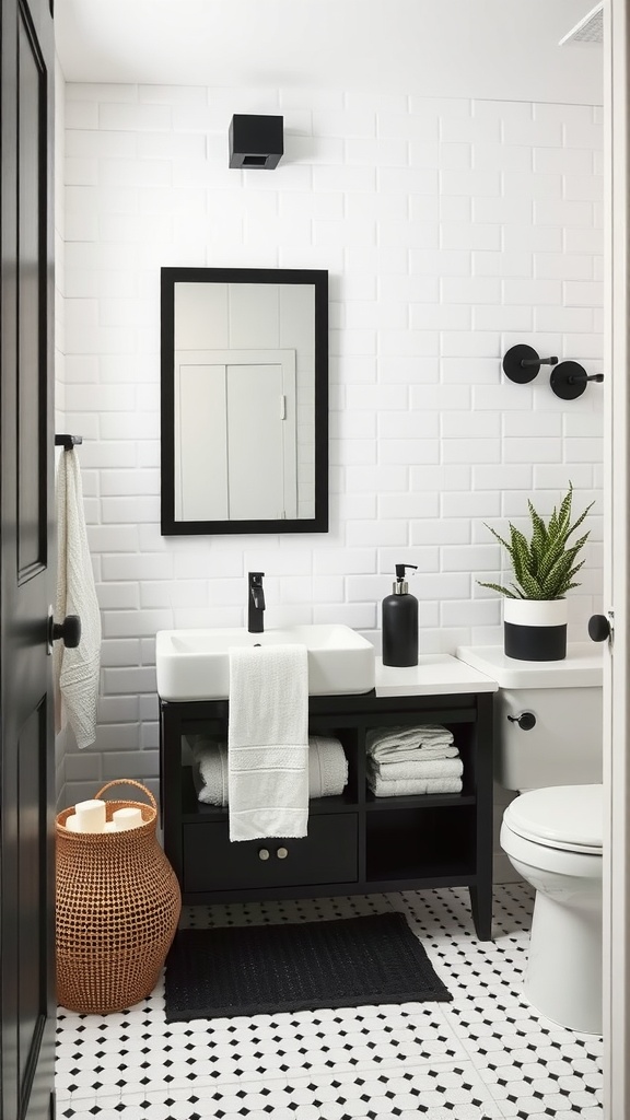 Minimalist black and cream bathroom decor featuring a black vanity, white sink, and patterned flooring.