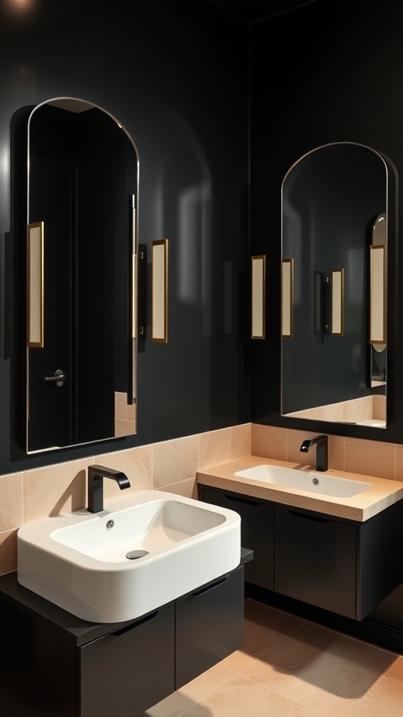 A black and tan bathroom featuring stylish arched mirrors and modern sinks.