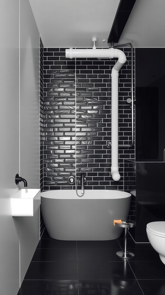 A modern bathroom featuring black grout, glossy black tiles, a gray freestanding bathtub, and minimalist accessories.