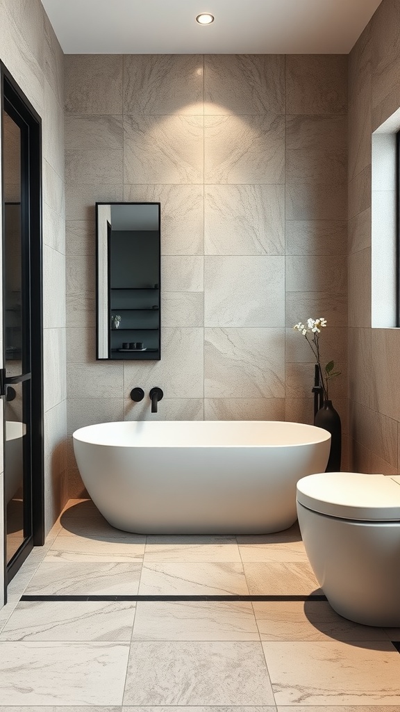 A modern bathroom featuring natural stone tiles with black grout, a freestanding tub, and a sleek mirror.