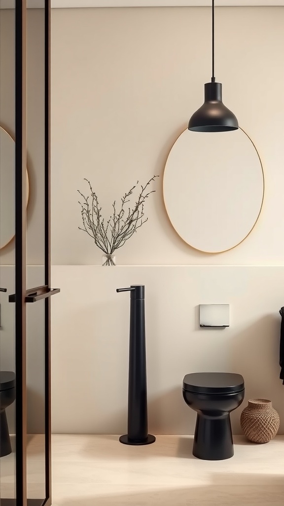 A modern bathroom featuring black fixtures on cream walls with a round mirror and pendant light.