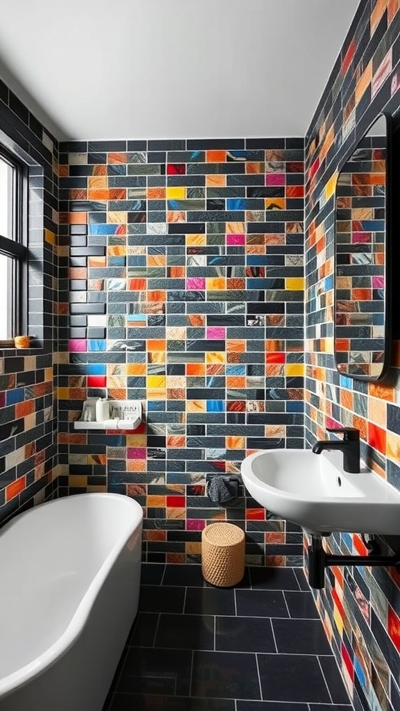 A colorful bathroom with a black grout accent wall featuring a mix of vibrant tiles.