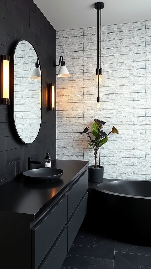 A modern bathroom featuring a black countertop, round mirror, and stylish lighting against a textured white wall.