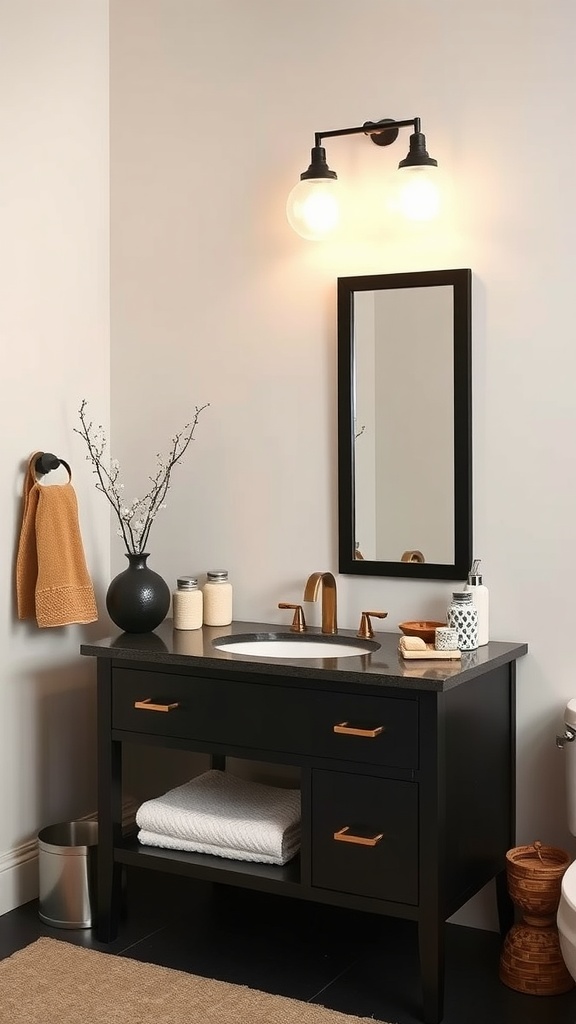 A stylish black vanity with tan accents in a modern bathroom.