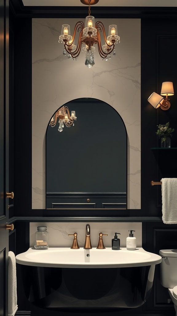 A stylish black and cream bathroom with elegant lighting fixtures and a modern design.