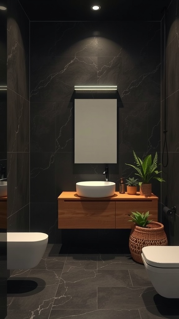 A modern black and tan bathroom with wood accents and greenery.