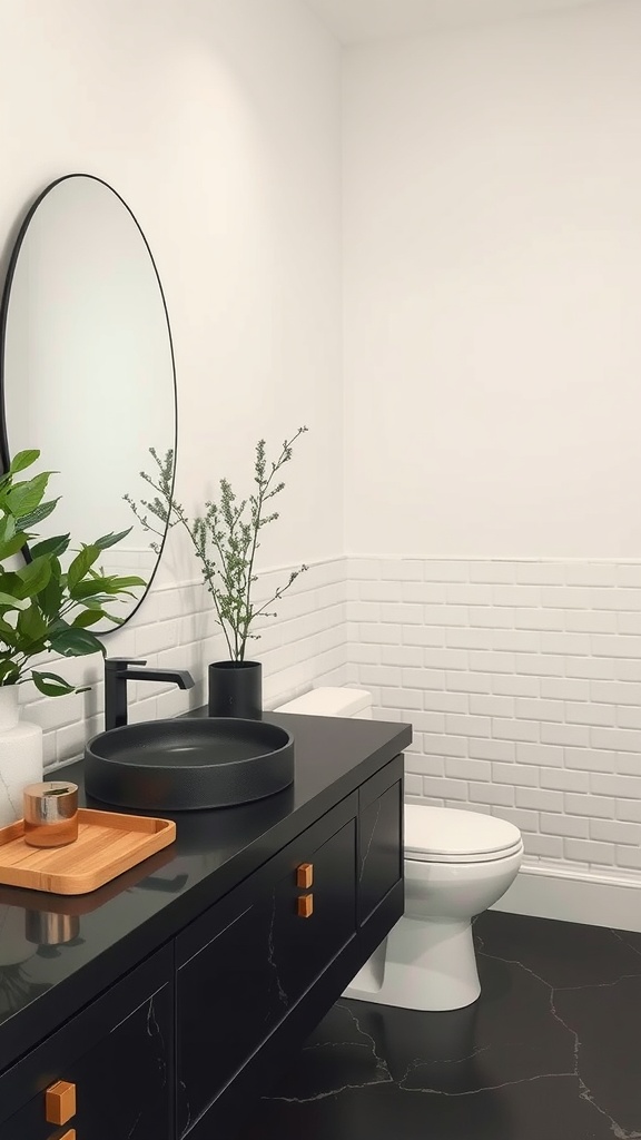 A modern bathroom featuring a black countertop, round mirror, and greenery.