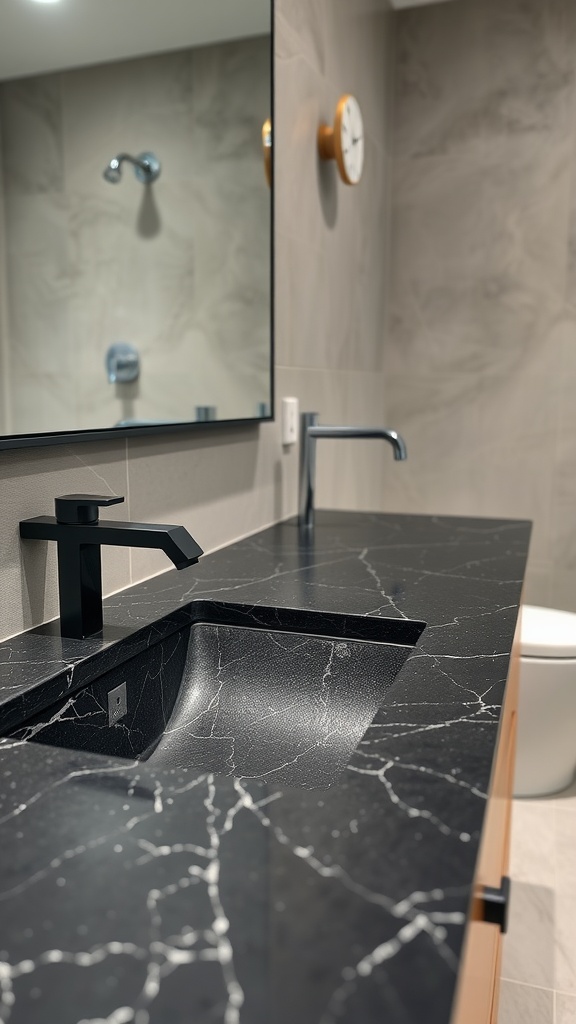 A close-up view of a black textured bathroom countertop with a modern faucet and mirror