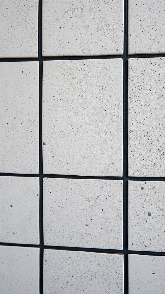 Close-up of textured tiles with dark grout in a bathroom setting.