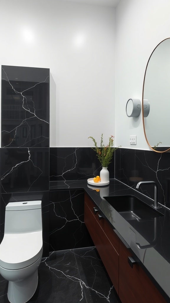 A modern bathroom featuring black countertops, wooden cabinetry, and a round mirror.