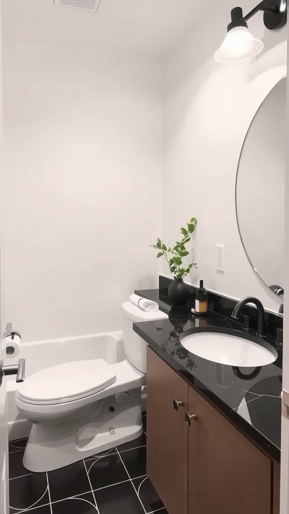 A small bathroom featuring a black countertop, white walls, and wooden cabinetry.