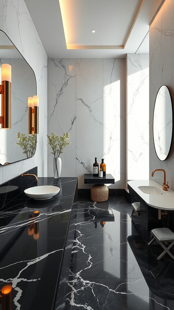 A modern bathroom featuring black marble countertops with white veining, brass fixtures, and stylish decor.