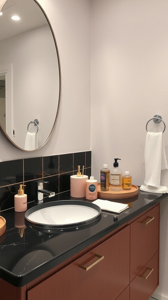 A modern bathroom featuring black countertops with a round mirror, pink accessories, and wooden elements.