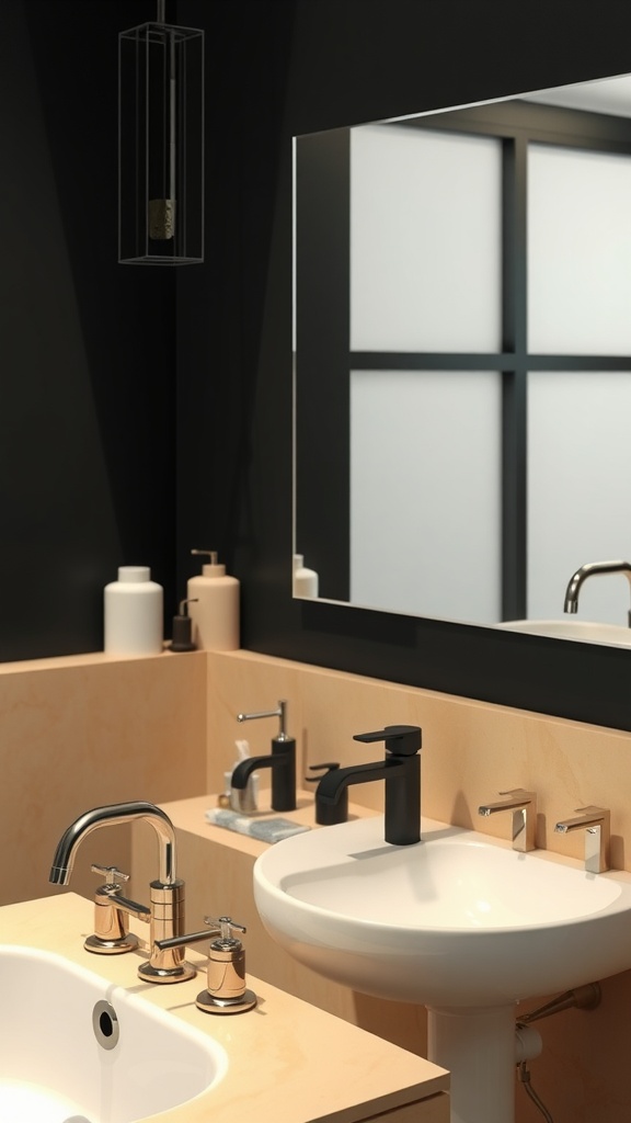 A stylish bathroom featuring black and tan fixtures, including sinks and faucets.