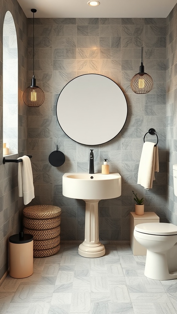 A stylish black and cream bathroom featuring a round mirror, pendant lights, textured baskets, and a sleek sink.