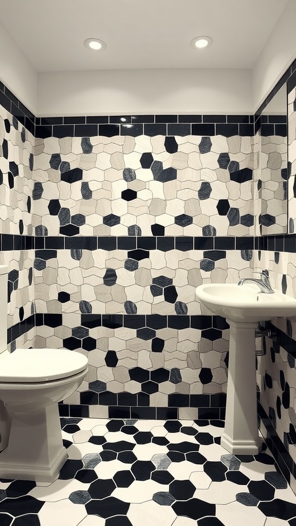 A modern bathroom featuring unique shaped tiles with black grout.