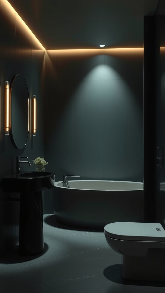 A dark green and black bathroom featuring ambient lighting fixtures.