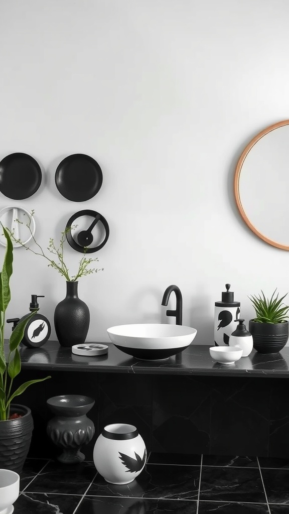 A modern black, white, and green bathroom featuring artisan ceramics and plants