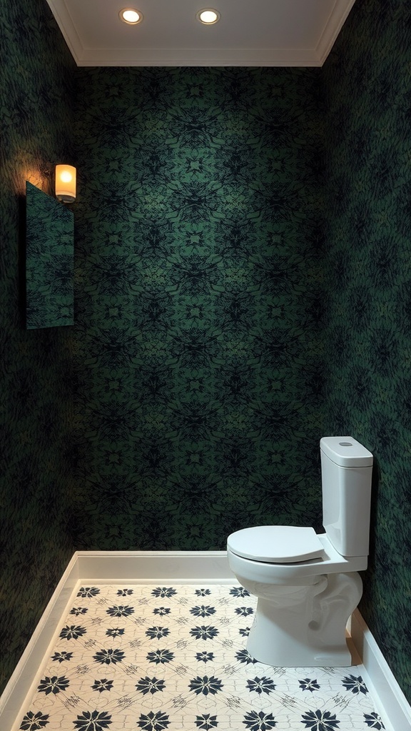 A bathroom featuring dark green and black artistic wallpaper with a white toilet and patterned floor