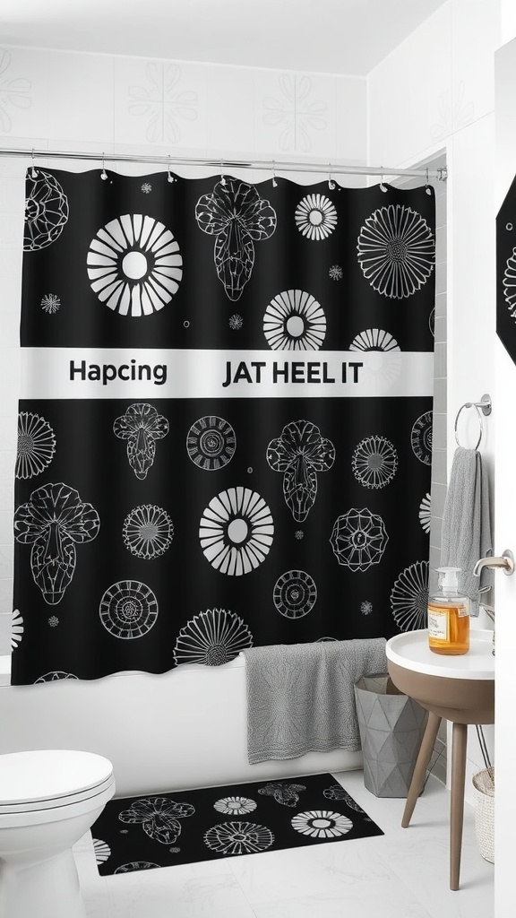 Artistic black shower curtain with white patterns in a bathroom