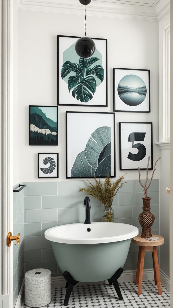 A stylish bathroom featuring sage green and black decor with framed artwork.