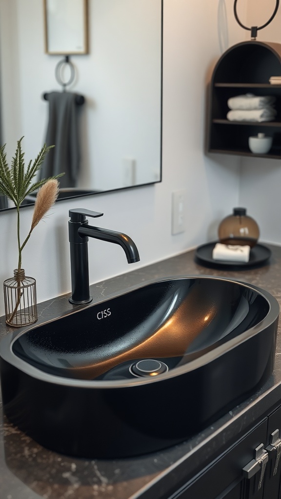 A modern black sink with a sleek faucet and a stylish mirror above it, set against a beautiful dark countertop.