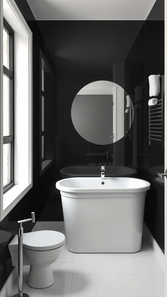 A modern black-themed bathroom featuring black accent walls, white bathtub, and toilet.