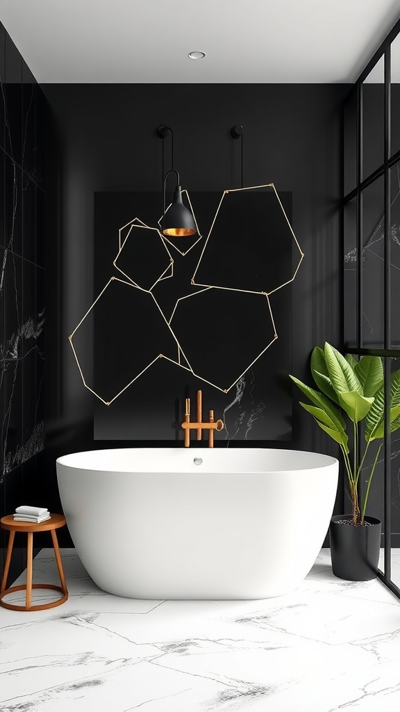 A luxurious bathroom featuring a black accent wall, a white freestanding bathtub, and modern geometric artwork.