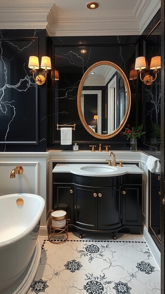 Luxurious black and gold themed bathroom with marble patterns, golden fixtures, and a freestanding bathtub.