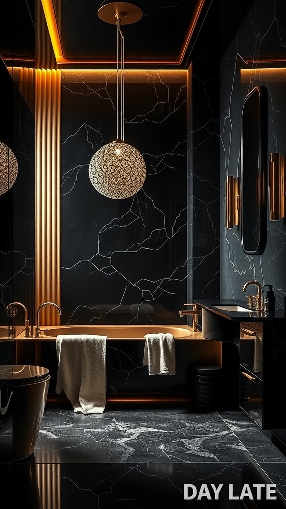 Luxurious black and gold bathroom interior design featuring marble walls and elegant lighting.