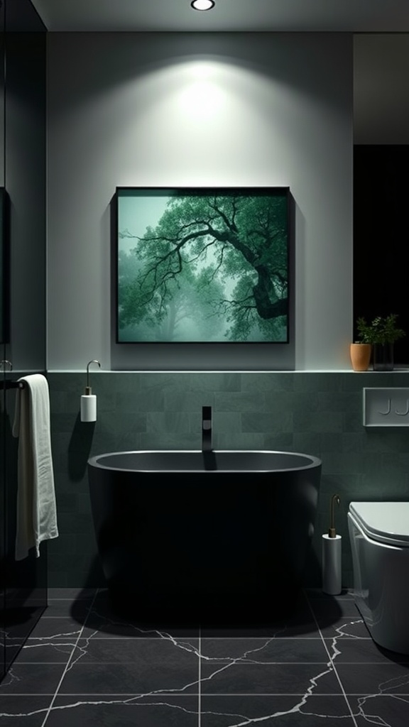 A modern bathroom featuring a black bathtub, dark green walls, and a landscape artwork of a tree in mist.