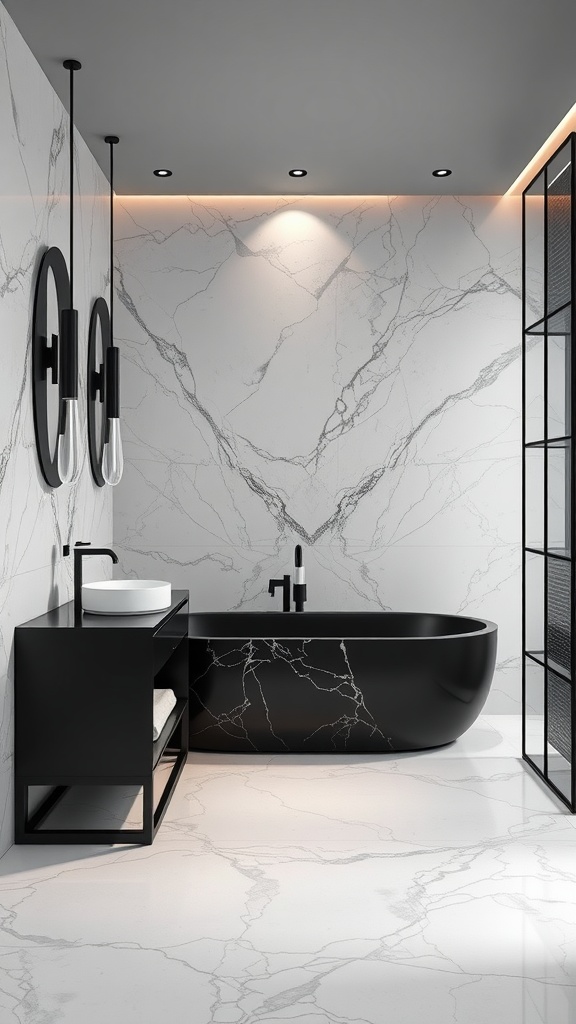 A modern bathroom featuring a black bathtub and marble walls with a sleek design.