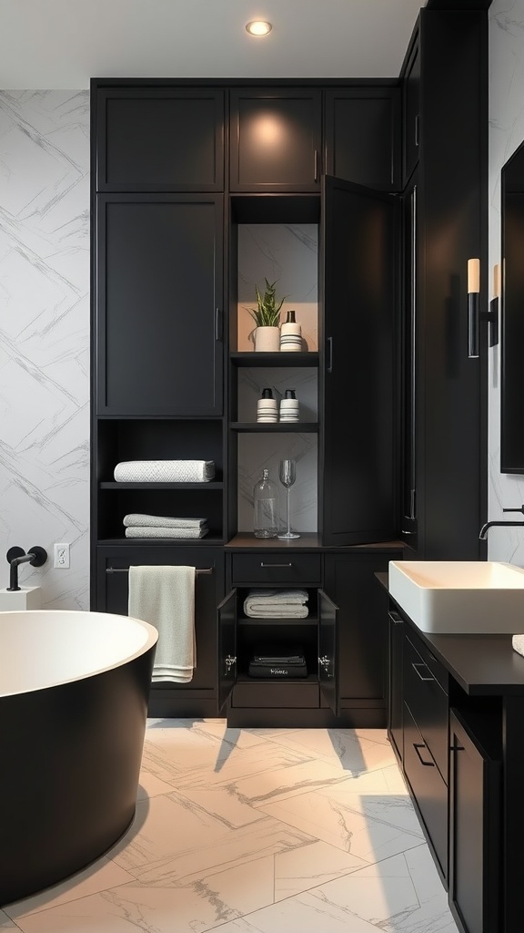 Image of a luxurious black bathroom featuring elegant storage furniture.