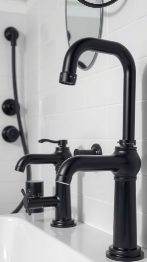 A close-up view of stylish black faucets against a white tiled bathroom wall.