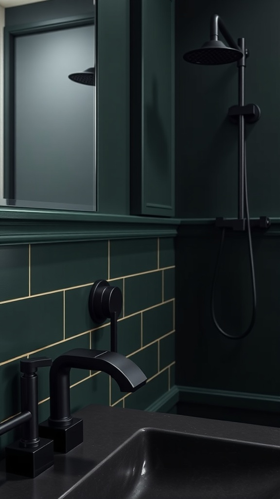 A modern bathroom featuring dark green walls, black fixtures, and stylish accents.