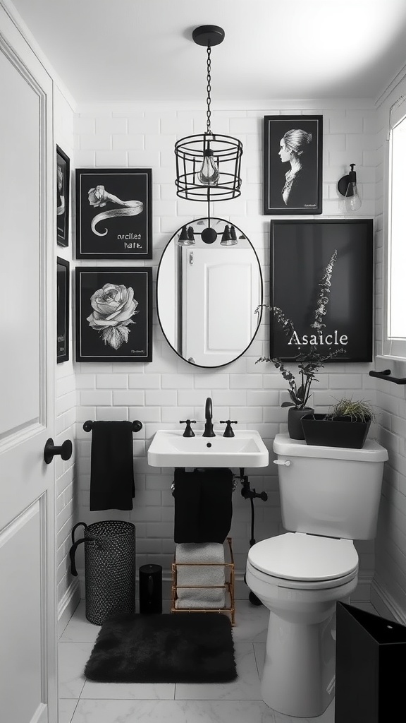 A black themed bathroom featuring black and white artwork, a round mirror, and stylish decor.