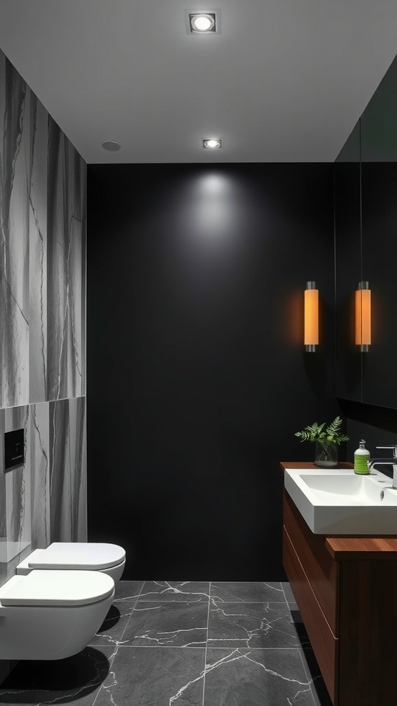 A modern bathroom featuring black wall art and green accents with stylish lighting.