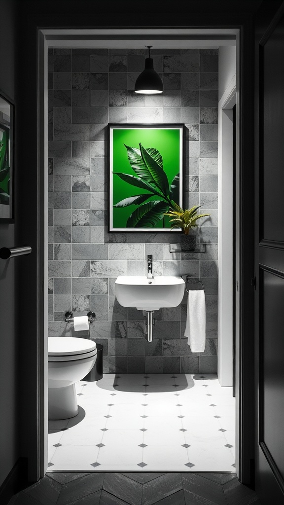 A stylish black white and green bathroom featuring bold leaf artwork on the wall.