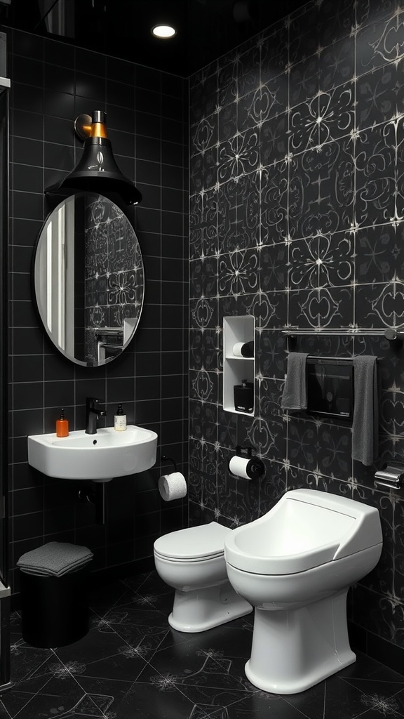 A modern black-themed bathroom featuring black walls with white patterned tiles, a round mirror, and white fixtures.