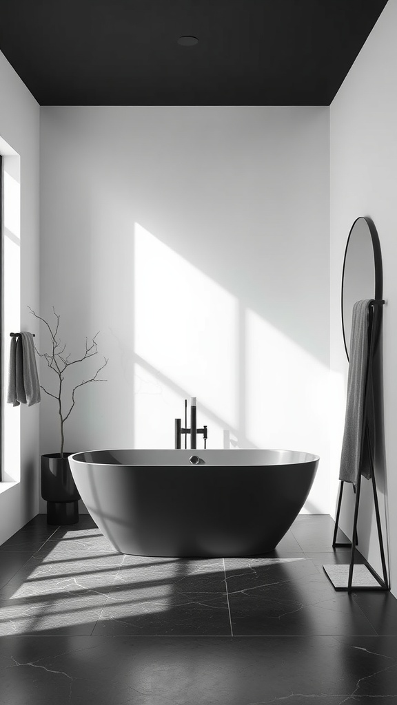 Modern black bathtub in a minimalist bathroom with white walls and natural light